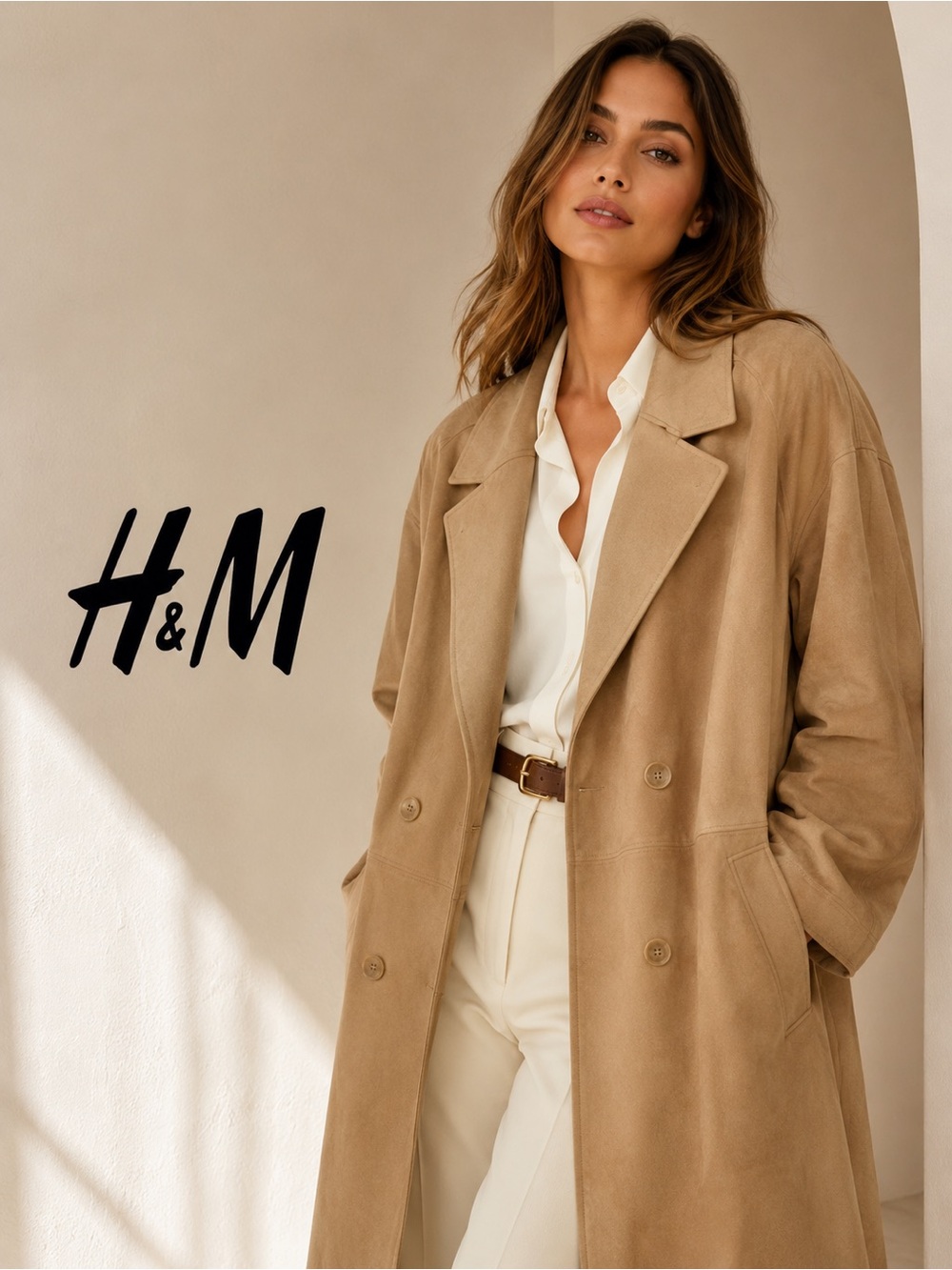 H&M Women's Camel Double-Breasted Trench Coat